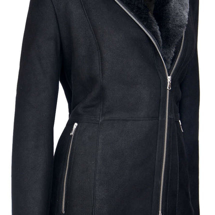 Womens Black Hooded Merino Sheepskin Jacket-Mandalay