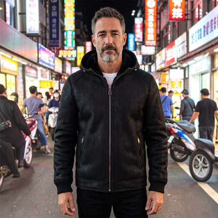 Mens Black Sheepksin Hooded Shearling Bomber Jacket - Benalla