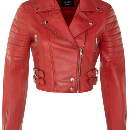 Womens Cropped Brando Leather Biker Jacket-Damascus