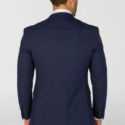 Men's Navy Checked 3 Piece Suit Tailored Fit Suit Formal Wedding