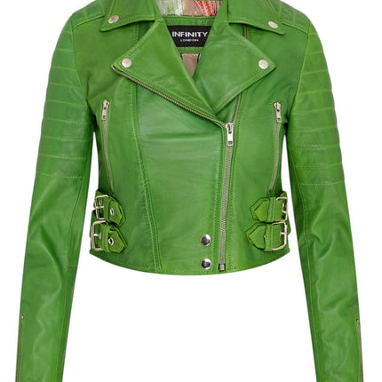 Womens Cropped Brando Leather Biker Jacket-Damascus