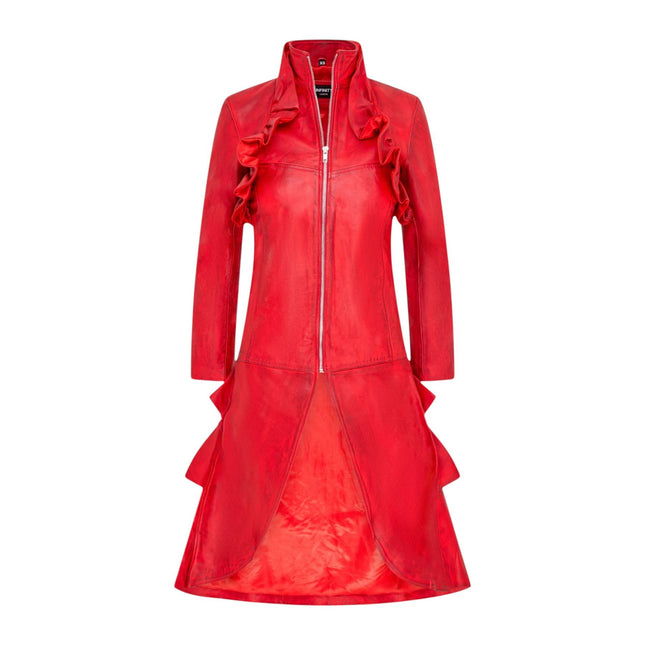 Womens Goth Red Leather High Collar Victorian Flare Tailcoat - Challa