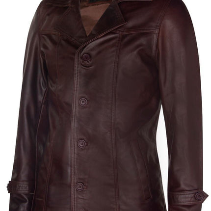 Men’s Brown Vintage Trench Style Crombie Leather Coat-Macau