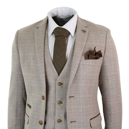 Mens 3 Piece Beige Tweed Check Vintage Retro Suit