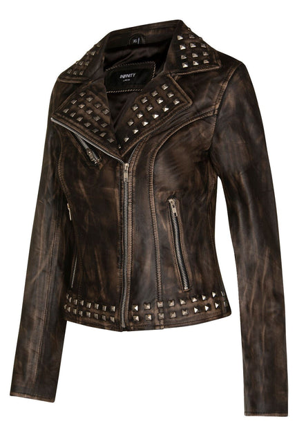 Womens Gothic Biker Leather Jacket with Studs-Bilbao