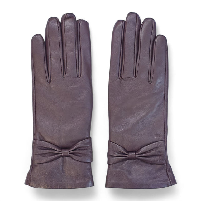 Womens Purple Italian Leather Winter Bow Design Soft Wool Lining Gloves - L-GLV-401