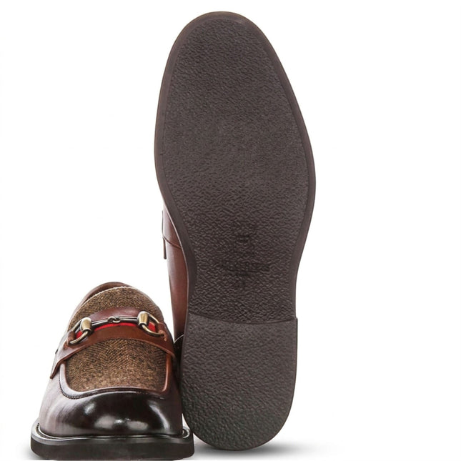 Justin Reess Men's Tan Leather Herringbone Tweed Loafer Shoes - Tristian