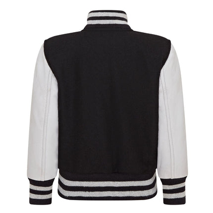 Kids Black Wool Varsity Bomber Jacket with Real Leather Sleeves