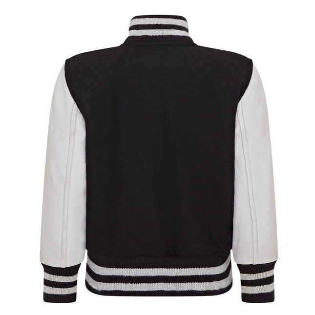 Kids Black Wool Varsity Bomber Jacket with Real Leather Sleeves