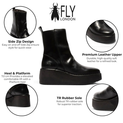 Fly London Women’s Black Leather Wedge Heel Platform Ankle Boots - HEIJ272