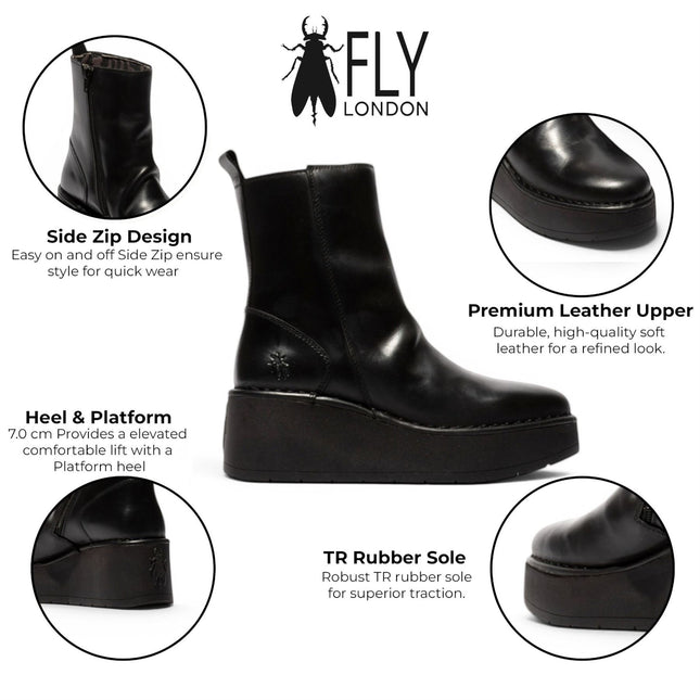 Fly London Women’s Black Leather Wedge Heel Platform Ankle Boots - HEIJ272