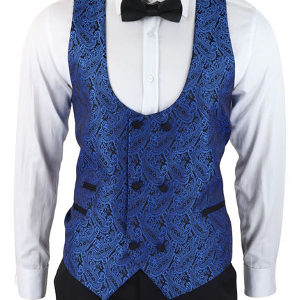 Mens Blue Tuxedo Blazer Waistcoat Brocade Black Satin Paisley Dinner Jacket