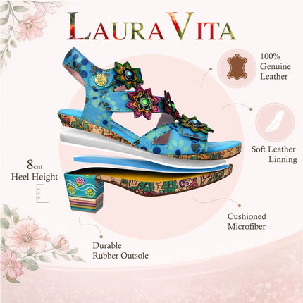 Laura Vita Women's Nellao 33 Blue Floral Leather Wedge Heel Espadrille Sandals