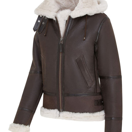 Womens Creck Brown Hooded Sheepskin Flying Leather Jacket-Palermo