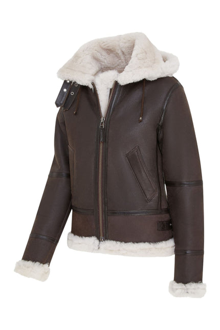 Womens Creck Brown Hooded Sheepskin Flying Leather Jacket-Palermo
