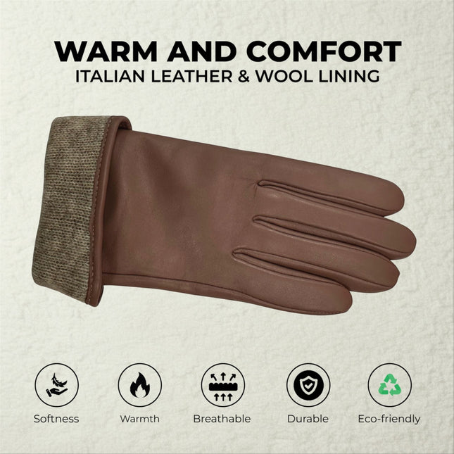Womens Nude Beige Italian Leather Winter Bow Design Soft Wool Lining Gloves - L-GLV-401