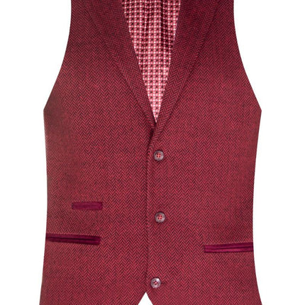 Mens 3 Piece Wine Herringbone Wool Tweed Retro Suit