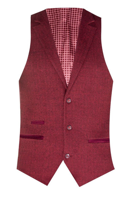 Mens 3 Piece Wine Herringbone Wool Tweed Retro Suit
