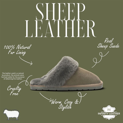 Women's Genuine Sheepskin Olive Green Suede Mule Winter Slippers - Luna
