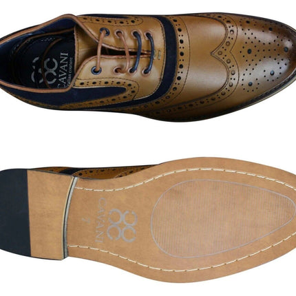 Mens Classic Navy Suede Oxford Brogue Shoes in Tan Leather