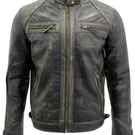Men's Vintage Leather Quilted Biker Jacket-Monaco