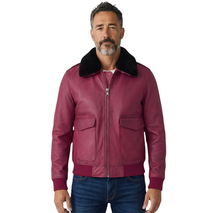 Mens Burgundy Leather Aviator Bomber Jacket - Lunar