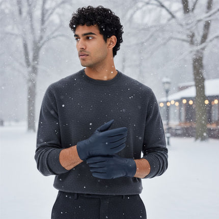 Men’s Navy Blue Italian Leather Warm Wool Lining Winter Gloves - M-LGV-305