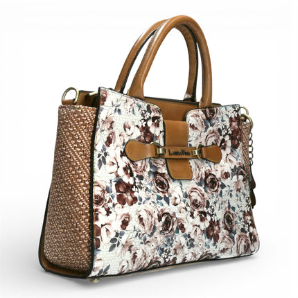 Laura Vita Ayna-02 Womens Tan Floral Print Adjustable Straps Shoulder Tote Handbag