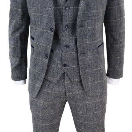 Mens 3 Piece Grey With Blue Check Vintage Classic Suit