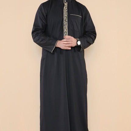 Mens Black Thobe Jubba Emirati Islamic Arabic Eid Embroidery Kaftan Jubbah Robe