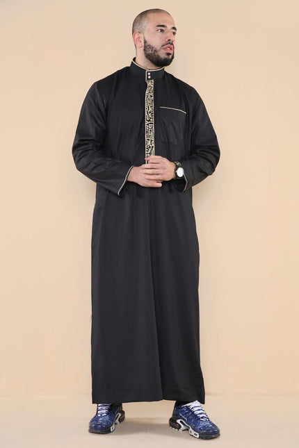 Mens Black Thobe Jubba Emirati Islamic Arabic Eid Embroidery Kaftan Jubbah Robe
