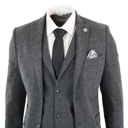 Men's 3 Piece Charcoal Grey Herringbone Tweed Suit