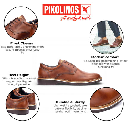 Pikolinos Men's Brown Leather Lace-Up Derby Comfort Shoes - Claret