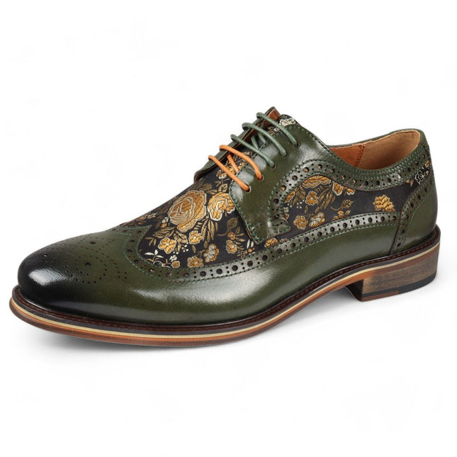 Justin Reess Men's Green Leather Floral Print Brogue Dress Shoes - Ross