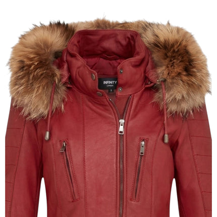Womens Red Slim Fit Leather Hooded Parka Jacket-Northam