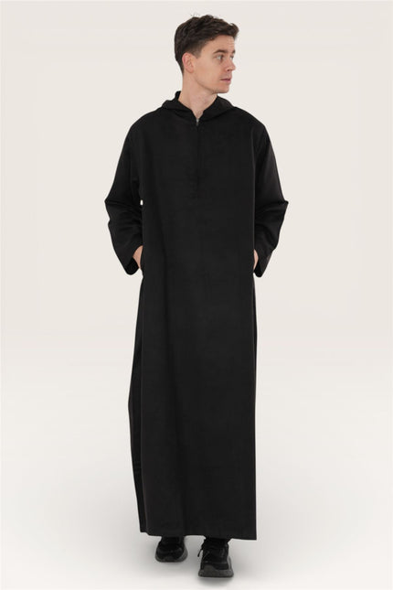 Men's Hooded Eid Black Moroccan Jubba Robe Ramadan Eid Thobe - HM12