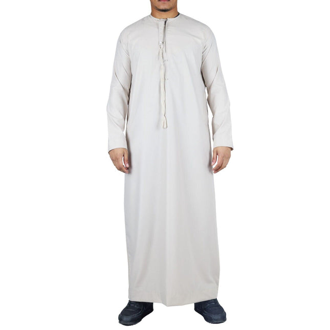 Men's Beige Thobe Emirati Islamic Jubba Robe Eid Tassel Regular Fit