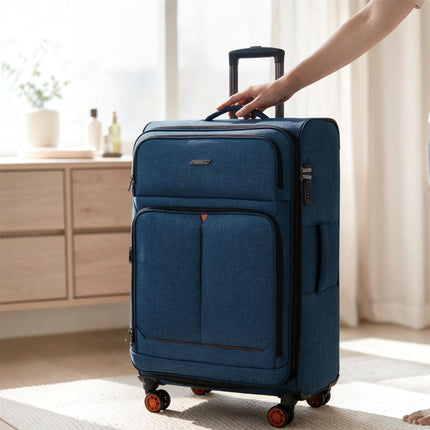 Soft Shell Blue Linen Suitcase Set 8 Wheel Lightweight Travel Luggage