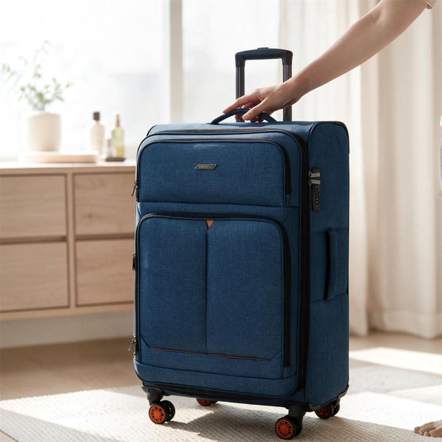 Soft Shell Blue Linen Suitcase Set 8 Wheel Lightweight Travel Luggage