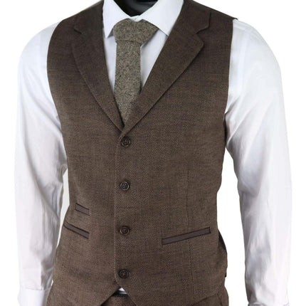 Mens Brown 3 Piece Tweed Herringbone Suit Peaky Blinders Classic Tailored