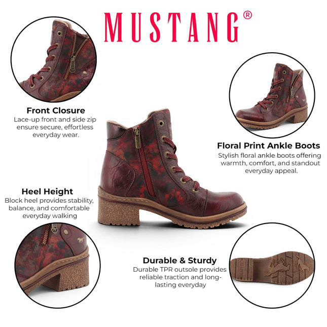Mustang Women's Burgundy Floral Lace-Up Winter Ankle Boots - M0092001