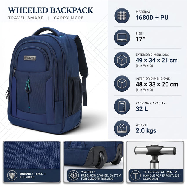 17" Blue Wheeled Laptop Backpack 1680D + PU 2 Wheel Trolley Rucksack