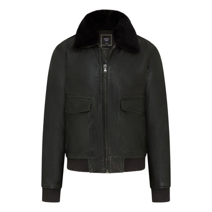 Mens Dark Green Leather Aviator Bomber Jacket - Lunar