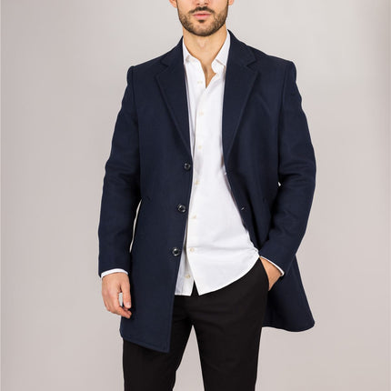 Men's Notched Lapel Collar Wool Blend Navy Overcoat