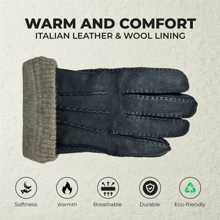 Men’s Black Italian Leather Warm Wool Lining Winter Gloves - M-LGV-405