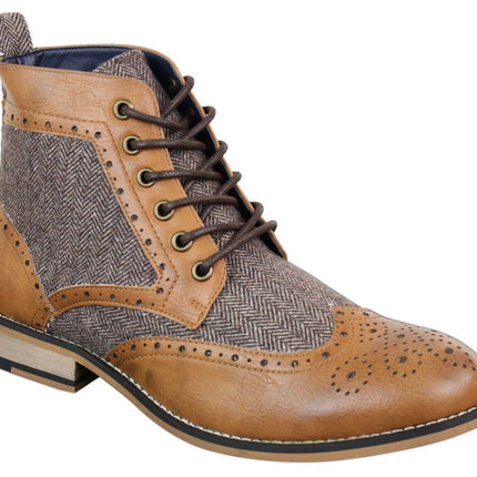Mens Classic Tweed Oxford Ankle Boots In Tan Leather