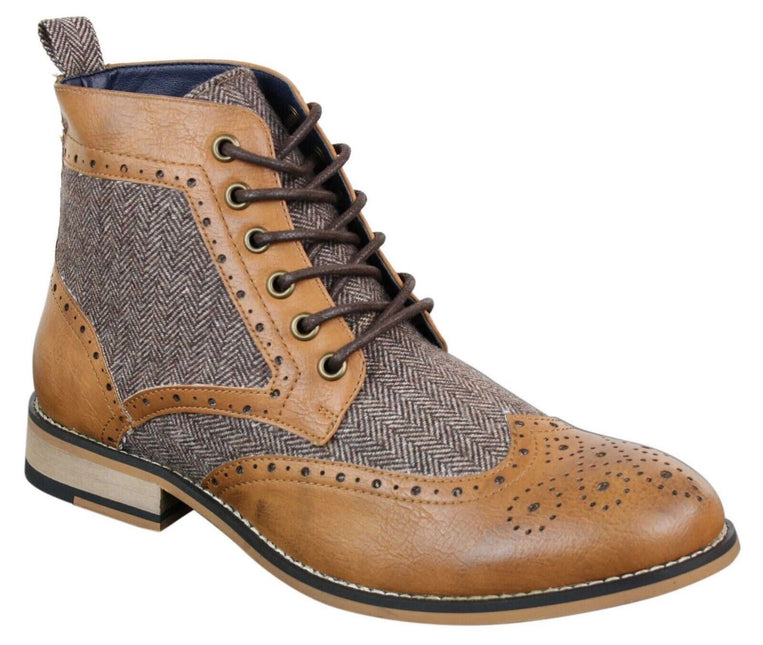 Mens Classic Tweed Oxford Ankle Boots In Tan Leather