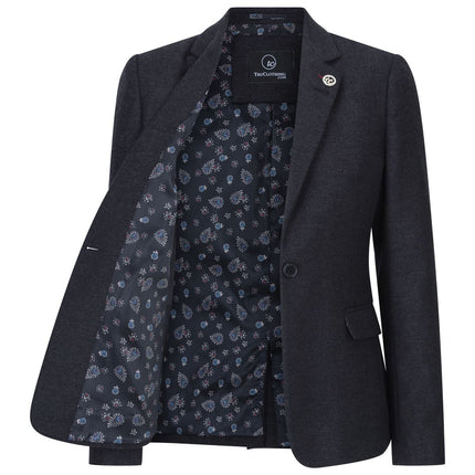 Womens Black Herringbone Check Tweed Wool Blend Blazer