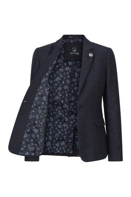 Womens Black Herringbone Check Tweed Wool Blend Blazer