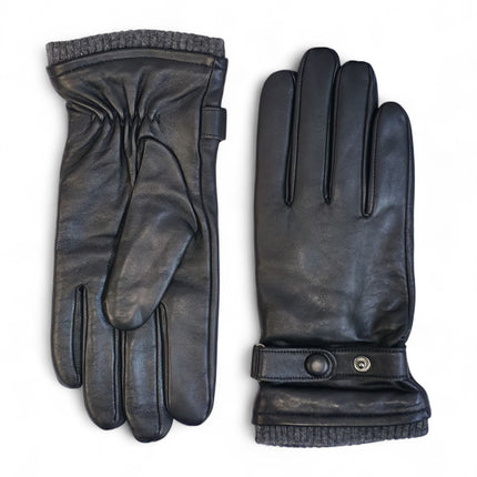 Men's Black Italian Leather Warm Wool Lining Winter Knit Rib Gloves - M-LGV-105